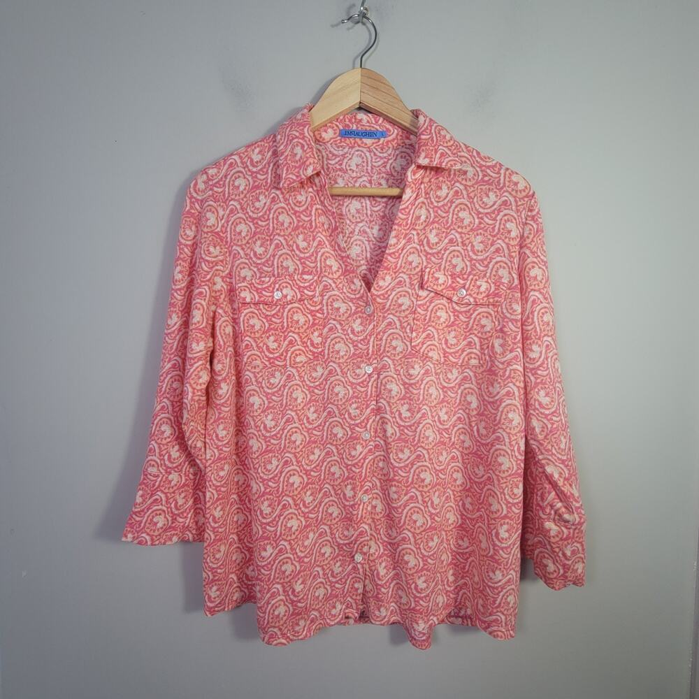 J. Mclaughlin L Linen Brynn Jersey Knit Button Floral Top Blouse Coral Pink
